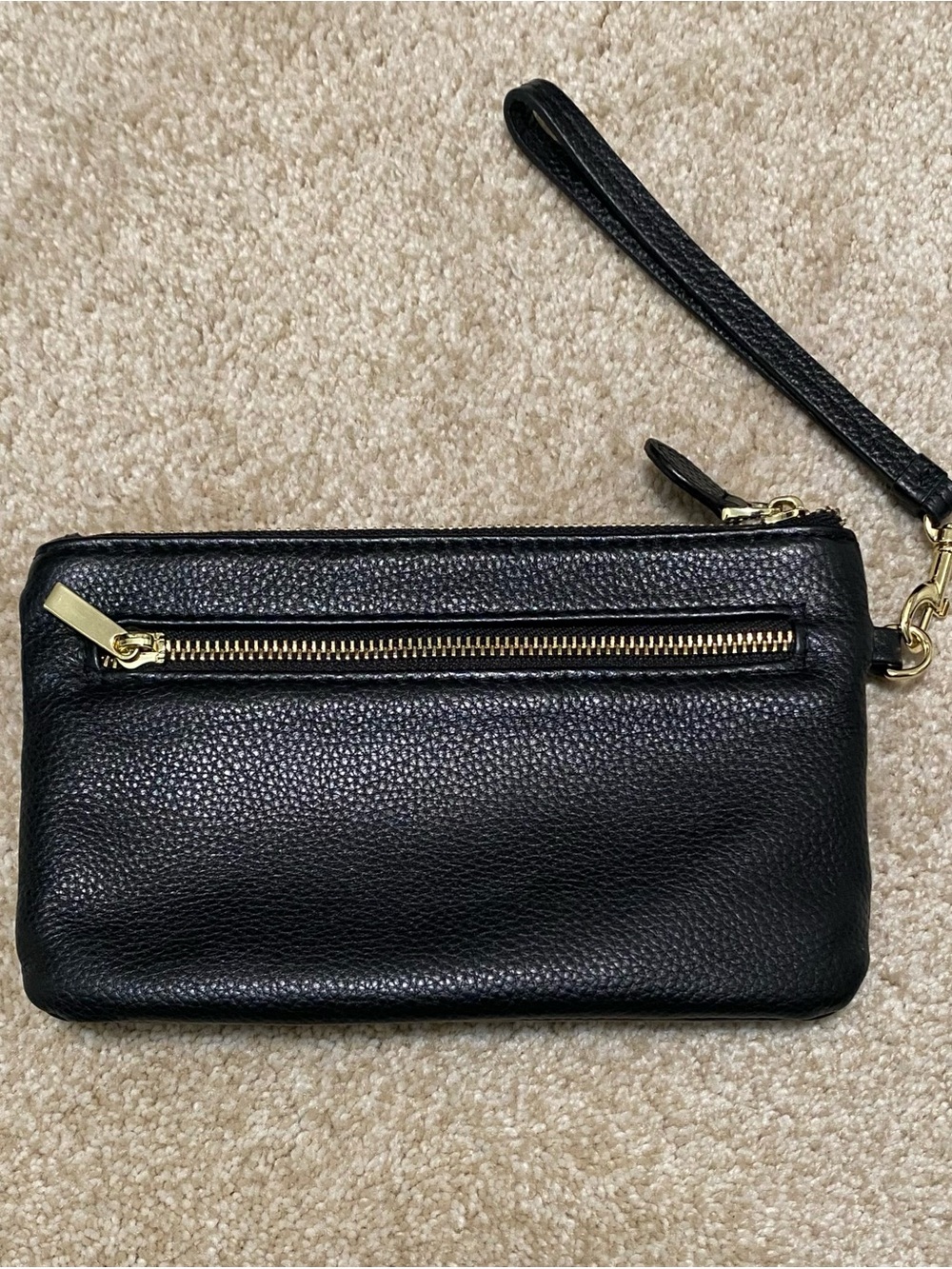 Classic Black Pebbled Leather Wristlet Clutch with Gold Zippers